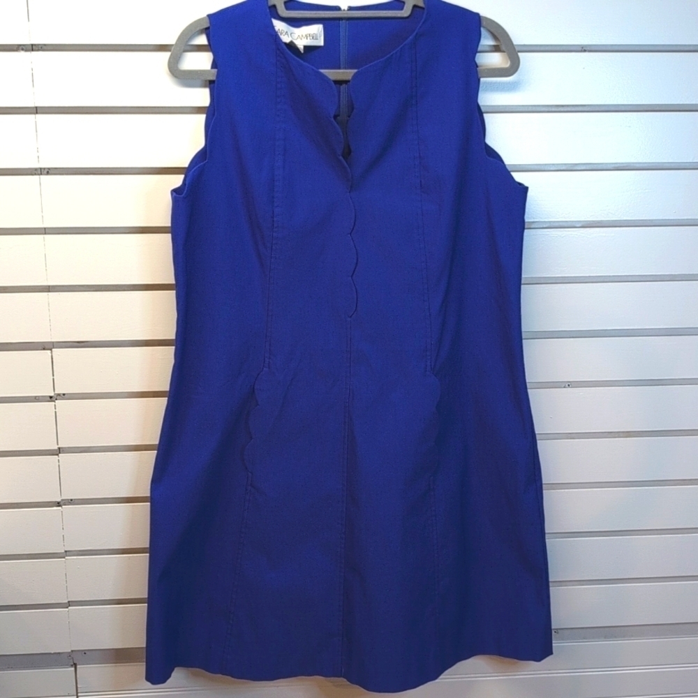 Sara Campbell Split Neck Scalloped Sleeveless Shift Dress in Royal Blue - 14 EUC
